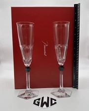 Baccarat Harcourt Eve Champagne Flutes Clear Crystal & Black 2 Piece 2814042 NIB