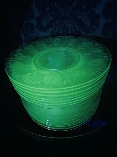 8 Plate Set Daisy Starburst EAPG Depression Glass Glows UV Like Uranium Glass