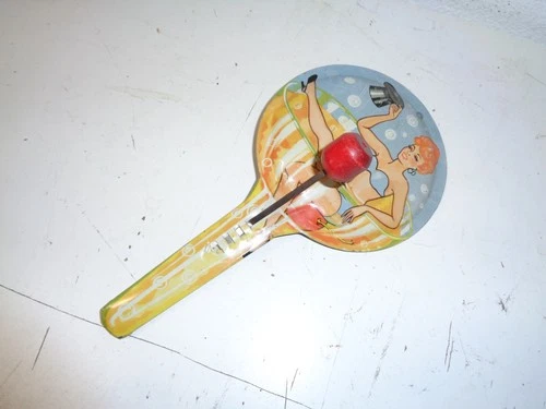 Vintage New Year Party Tin Noisemaker Sexy Woman in Champagne Glass
