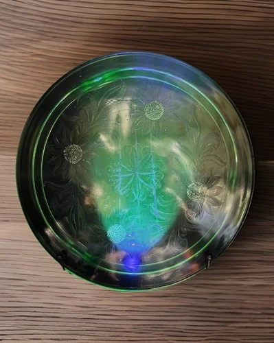 Jeanette Cake Plate Footed Green Depression Uranium Glass Floral IT GLOWS Vtg