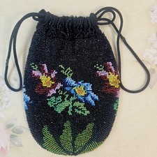 Vintage Micro Glass Beaded Evening Bag Draw String Nouveau Floral Design Purse