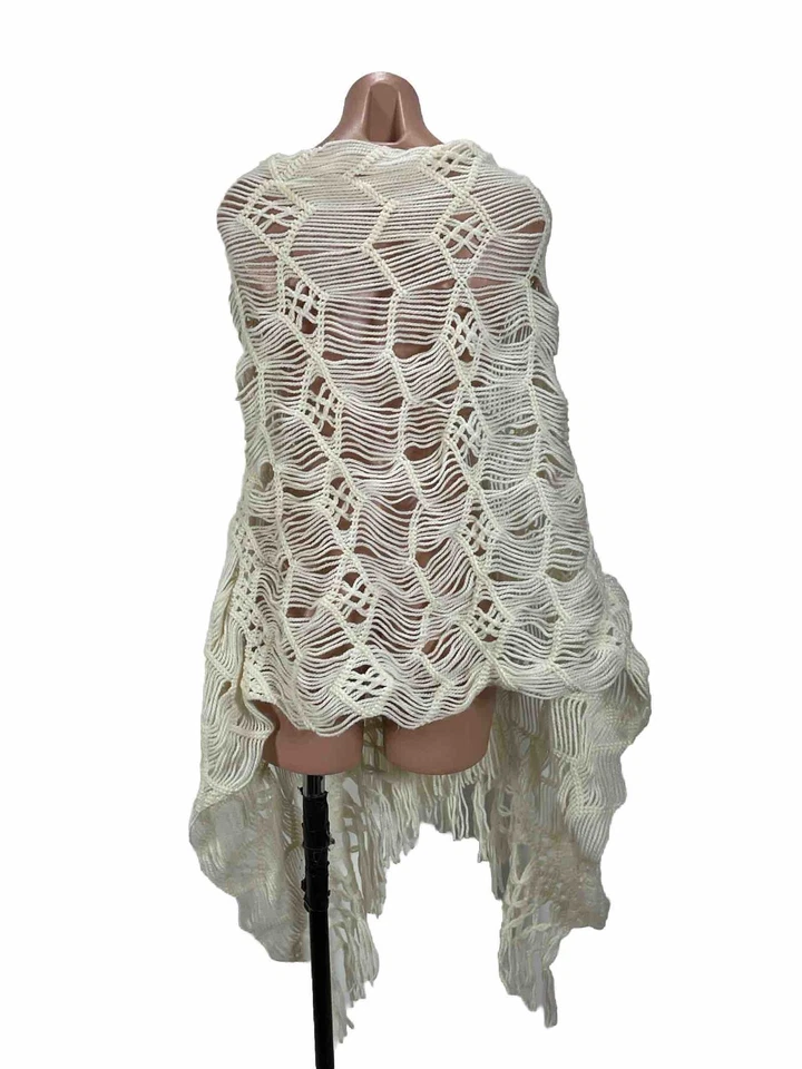 Mantón tejido ganchillo hecho a mano vintage envoltura crema flecos bohemio casa de campo OSFM Foto 2 de 4