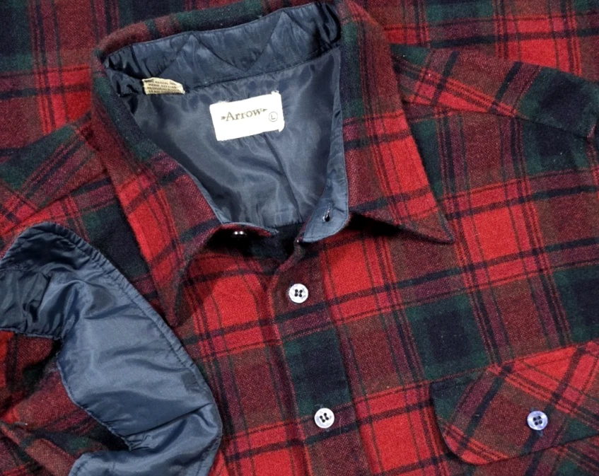 Vtg 60s Arrow Wool Red Buffolo Plaid Flannel Button Up Shirt Nylon Lined trim L - Image 3 of 4