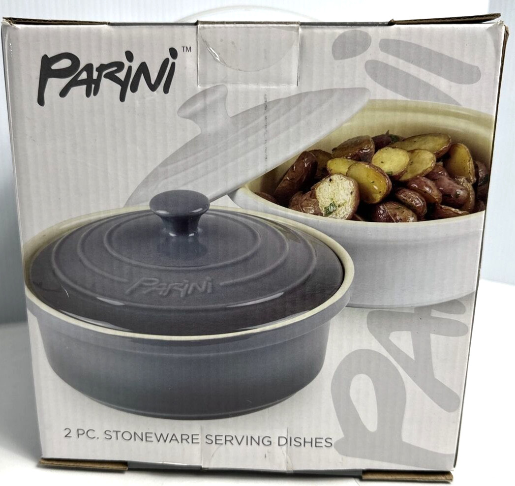 NEW Parini 2 pc. Stoneware Serving Dishes With Lids New In Box White Gray