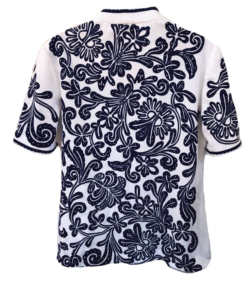 Vera Neumann 1970s Mod Polyester Sleeveless White + Blue Short sleeve Top sz 16 - Image 4 of 4