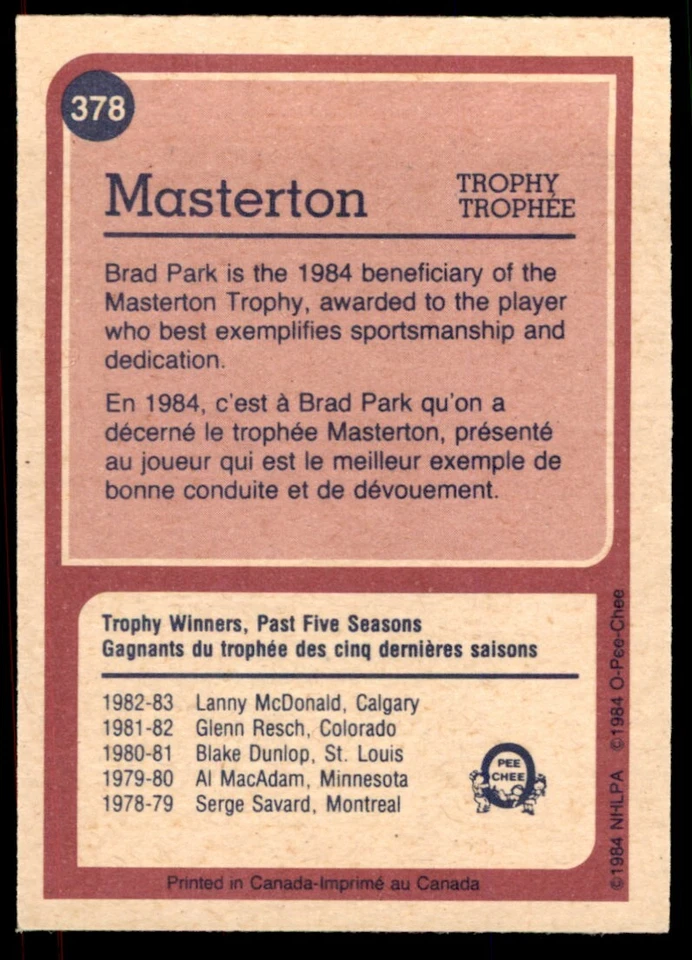 1984-85 O-Pee-Chee High Grade Brad Park #378 - Image 2 of 2