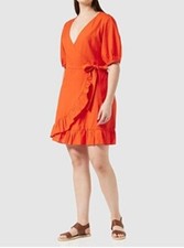 Find Women's Mini Cotton Wrap Dress Tangerine Orange Red Size Small.