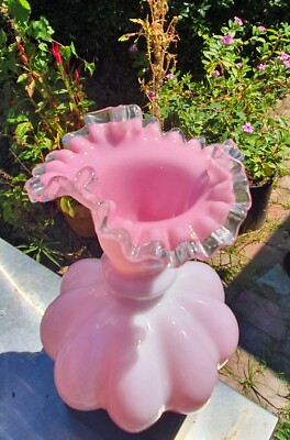 Fenton ローズクレスト メロンシェイプ ヴィンテージフラワーベース 大きめ Vintage Fenton Silver Crest Pink × Milk Glass Melon Ruffled