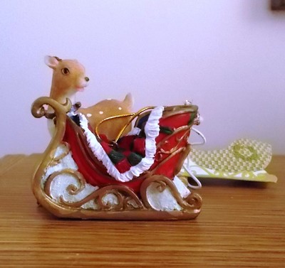 FRIENDS CREATIONS NORTH POLE SLEIGHWORKS VINTAGE RESIN ORNAMENT DEER & SLEIGH