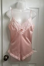 VTG Nylon Antron Satin Lace Teddy Bodysuit Playsuit Sissy Romper USA Med