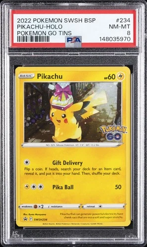2022 POKEMON SWSH BLACK STAR PROMO POKEMON GO TINS #234 PIKACHU-HOLO PSA 8
