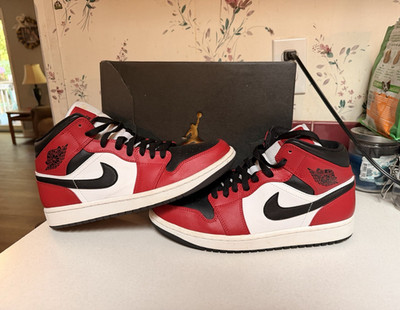 Jordan Air Jordan 1 Mid Top Colorblock Red/Black/White Leather Sneakers