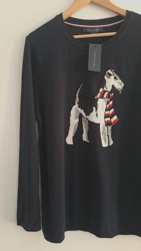 Tommy Hilfiger Womens Dog Scarf Schnauzer Terrier Navy Long Sleeve Jumper Sz XL - Picture 2 of 12