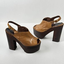 Vtg 70s Brown Leather Wood Platform Slingback Clogs Mules Sz US 5.5M Boho As Is
