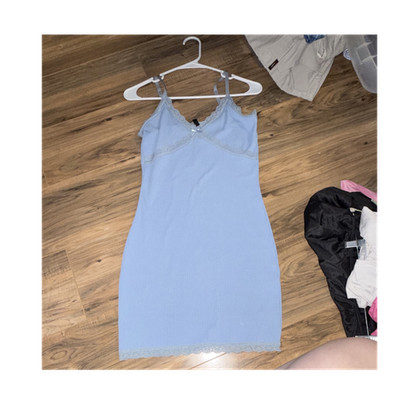 Light Blue Lace Accent Sleeveless V-Neck Short Slip Dress with Strappy  Sleeves | eBay