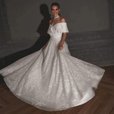 Glitter A-line Wedding Dress Off The Shoulder Shiny Tulle Bride Gown Customized