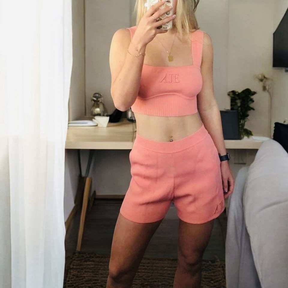 AJE Top & Shorts Outfit Size S / M Peach Gym Activewear Sports Tank Ribbed Set