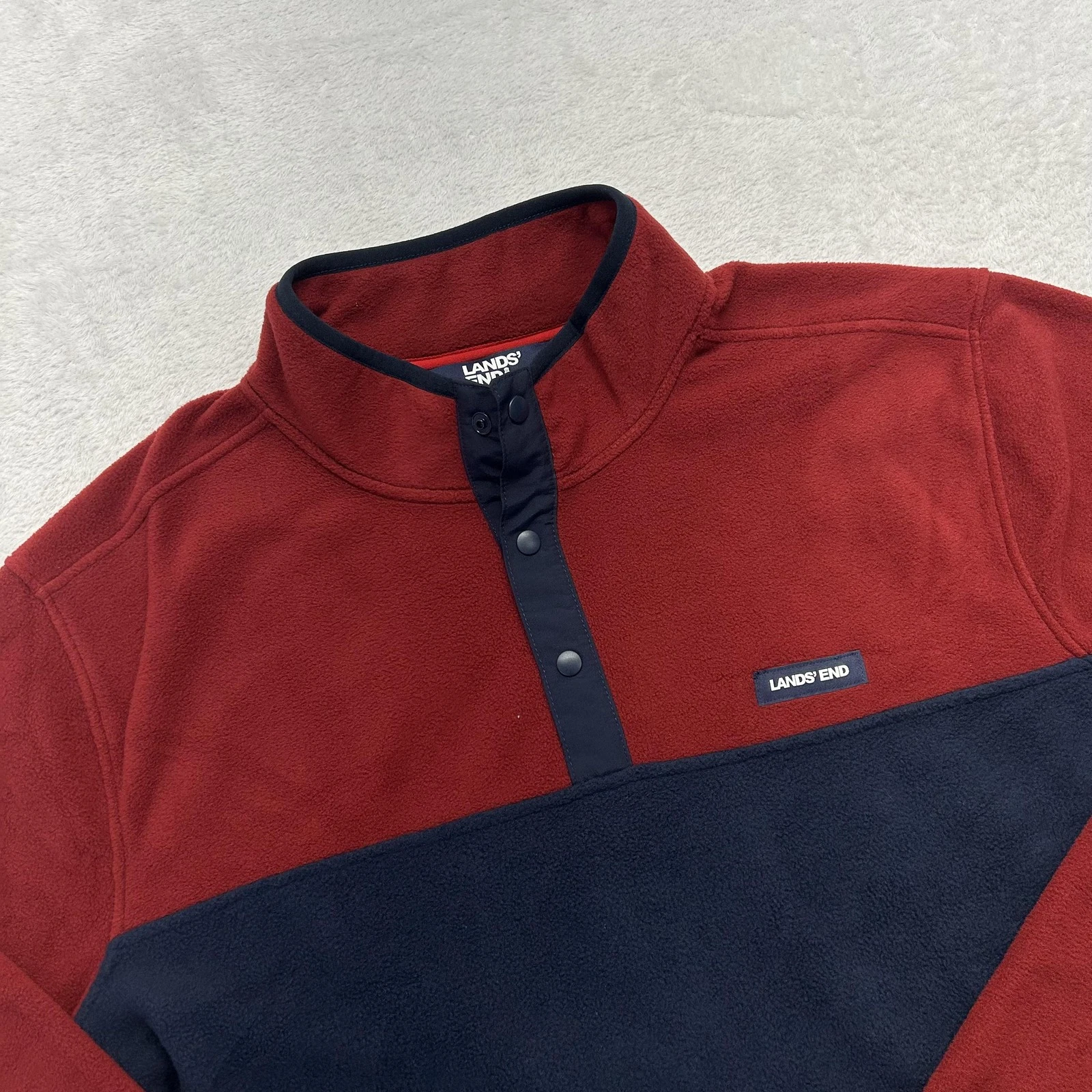 Lands' End Jacket Mens XL Red Navy Fleece Snap Pullover Stand Collar Casual