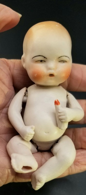 BISQUE ANTIQUE  JOINTED BABY DOLL WITH BOTTLE SIGNED 773~91/2 GERMANY 4" TALL