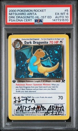 Pokemon 1st Edition Dark Dragonite Holo #5 PSA 6 AUTO 10 Mitsuhiro Arita w/SWIRL
