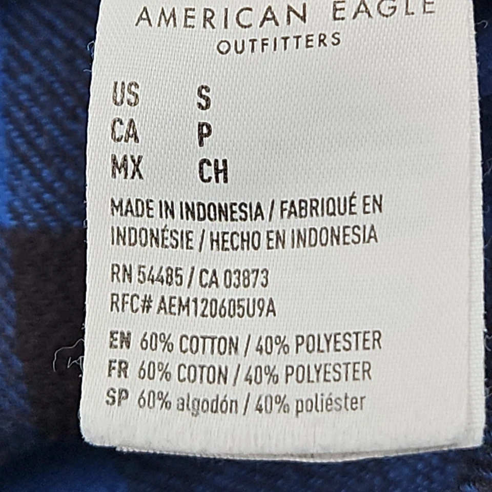 Top American Eagle para mujer pequeño azul a cuadros manga larga con botones ajuste de novio Foto 4 de 4
