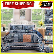 Navy Blue Quilt Queen Set, 3 Pcs Boho Patchwork Bedspread Set Soft Lightwei...
