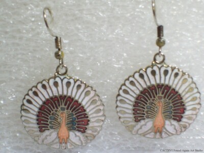 Vintage Peacock Dangle Earrings Cloisonne Enamel White Red