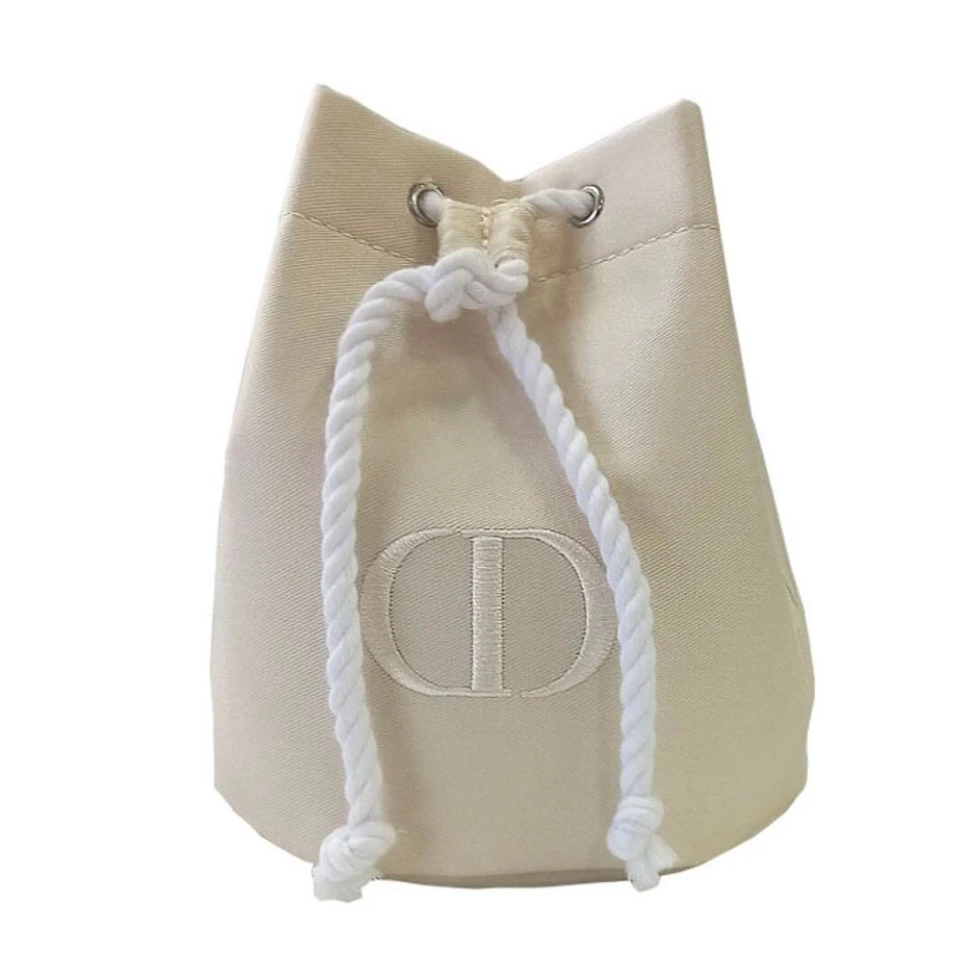 Christian Dior Pochette à cordon en sergé blanc cassé sac seau à maquillage logo CD neuf