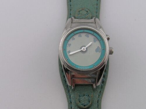 Fossil Big Tic Heart Watch ES-130 Light Blue Green Band New Batteries