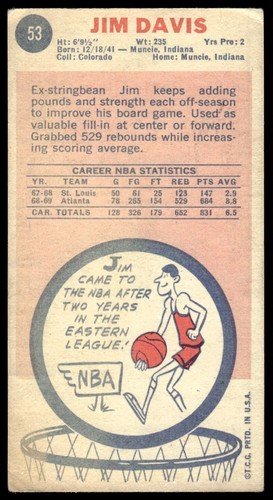 1969-70 Topps Jim Davis Atlanta Hawks #53 - Picture 2 of 2