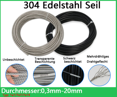 Edelstahl Seil 1x7 7x7 7x19 PVC - Ummantelt Drahtseil 0,3-20mm Stahlseil 304 A2
