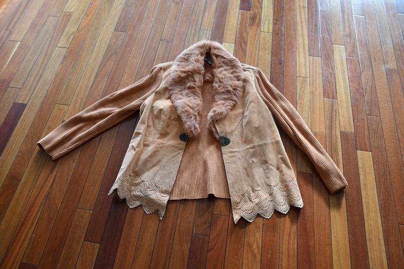 NYGARD COLLECTION Sz L 12 14 Orange/Brown Suede Sweater Jacket Rabbit Fur Collar