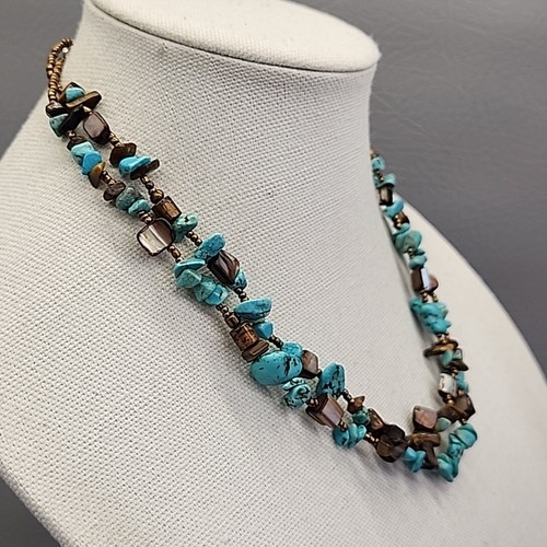 Beaded Necklace Faux Turquoise Blue Chip Tiger's Eye Shell Layered Jewelry 21" - 第 3/15 張圖片