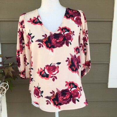 Halogen Womens Blouse Peach Pink Floral 3/4 Balloon Sleeve V Neck  Petites S New