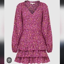 LoveShackFancy Mini Dress 4 Floral Red Pink Ruffled Tiered Long Sleeve Ruched