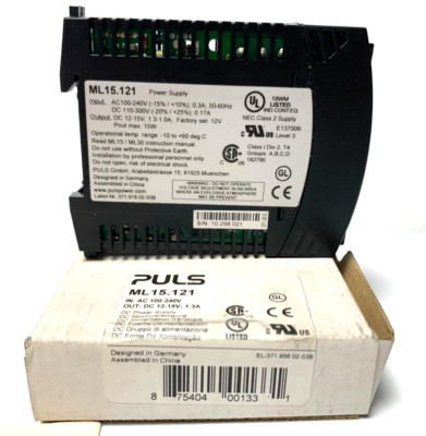 NEW! Puls Ml15.121 Dc Power Supply, 100/240V Ac, 12/15V Dc, 15W, 1.3A, Din Rail