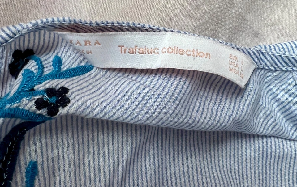 Top túnica ZARA grande azul a rayas algodón boho gitano borla bordada Foto 2 de 4