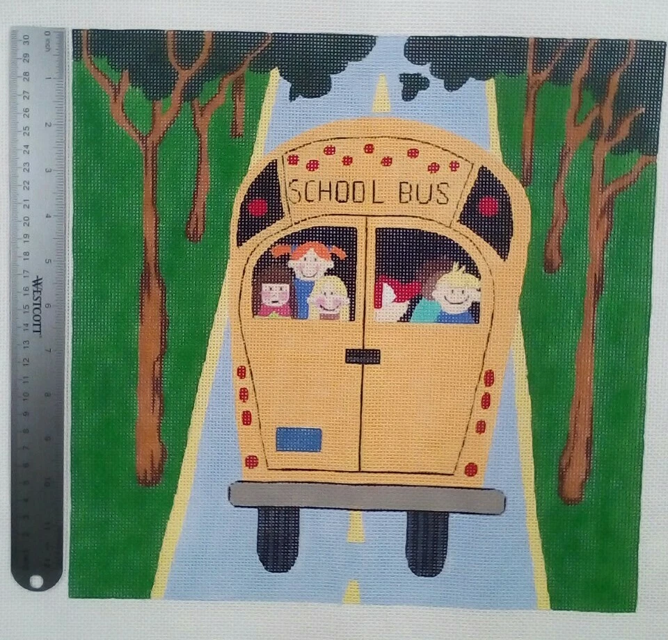 Needlepoint HP handpainted canvas YELLOW SCHOOL BUS kids back window 13"x13" 13m - Image 4 of 4