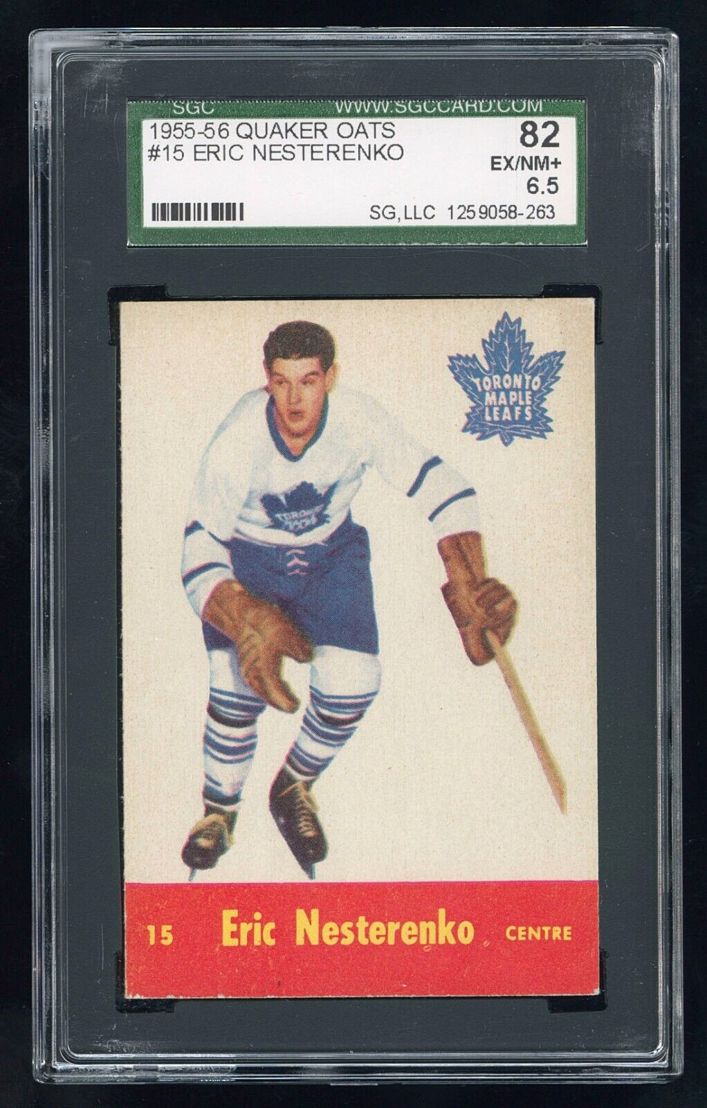 Eric Nesterenko #15 Hockey Cards 1955 Parkhurst Quaker Oats trading card — raw and PSA graded price guide