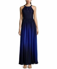 420 Betsy Adam Women'S Blue Ombre Chiffon Tie-Neck Halter Gown Dress Size 4