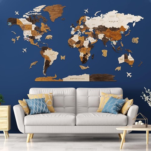 Handmade Basswood World Map Wall Art with Customizable Sizes and Push Pins - Picture 3 of 10