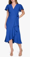 Tommy Hilfiger Wrap Dress Sz 12 Women V-Neck Midi Blue Flutter Sleeve 