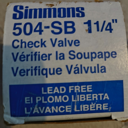 Simmons 1 1/4" Lead Free Brass Check Valve # 504-SB New in Original Box Lot#RR