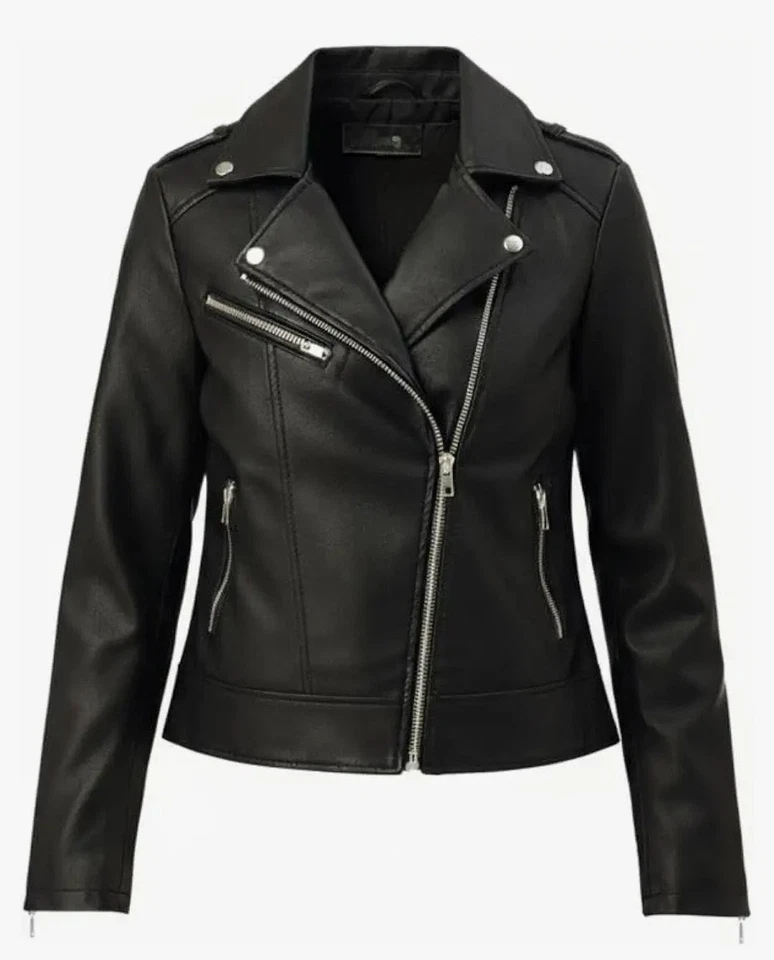 Damen Schwarz 100% Jacke Echtes Leder Elegant Slim Fit Motorrad Stil - Bild 3 von 4