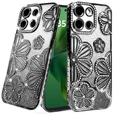 For Moto G Power 2025 Case Bling Floral 3D Glitter Phone Cover + Tempered Glass