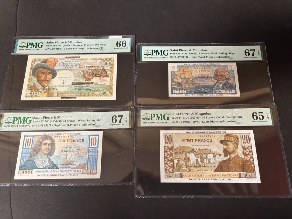 SAINT PIERRE & MIQUELON, 50 FRANC OVERPRINT on REUNION #44  1 NF 1960 PMG 66 EPQ - Image 3 of 3