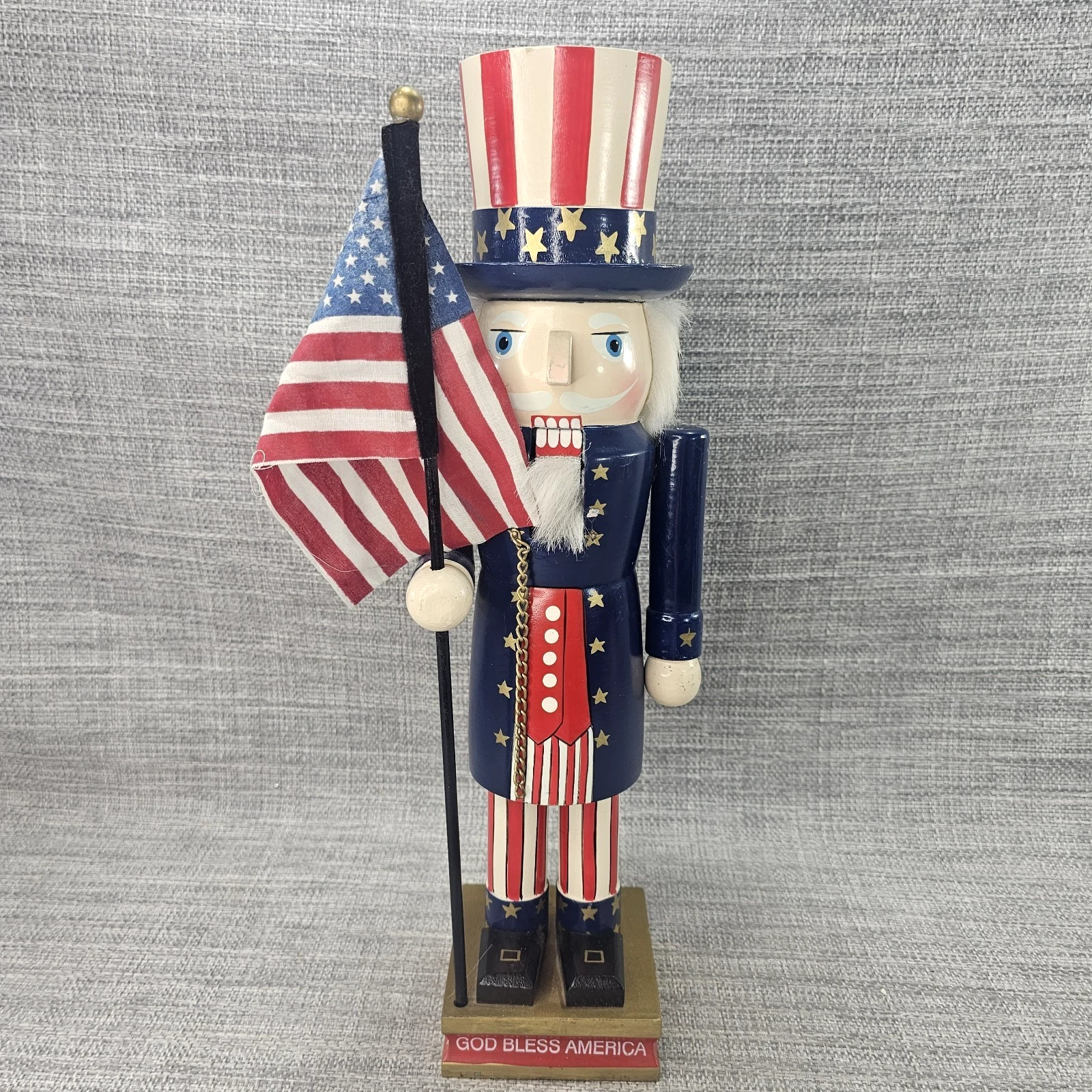 Uncle Sam Wooden Nutcracker Patriotic w/Flag Red White Blue Holiday 15.5in