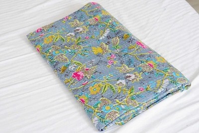 TARRIF FREE 0% CHARGE Queen Size Paradise Hand Print Bedspread Kantha Quilt
