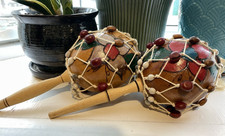 2 Maracas Artisan Hand Cuba Crafted/Painted Vintage - Dried Gourd, netted beans