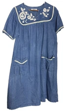 Go Softly Patio Dress S Embroidered Floral Denim Chambray Cottagecore boho